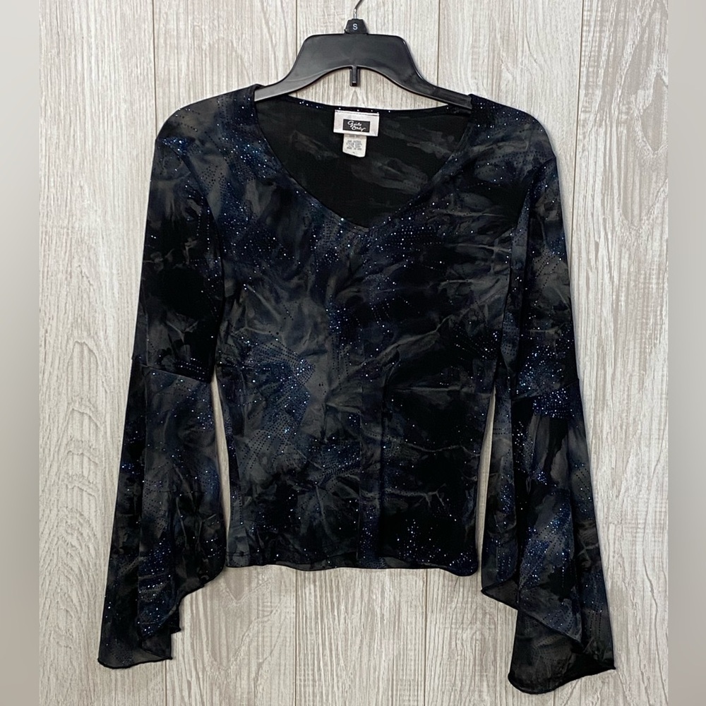90's Y2K Whimsigoth GRAIL Stretchy Slinky Top Flared Sleeve Shirt Black Sparkle